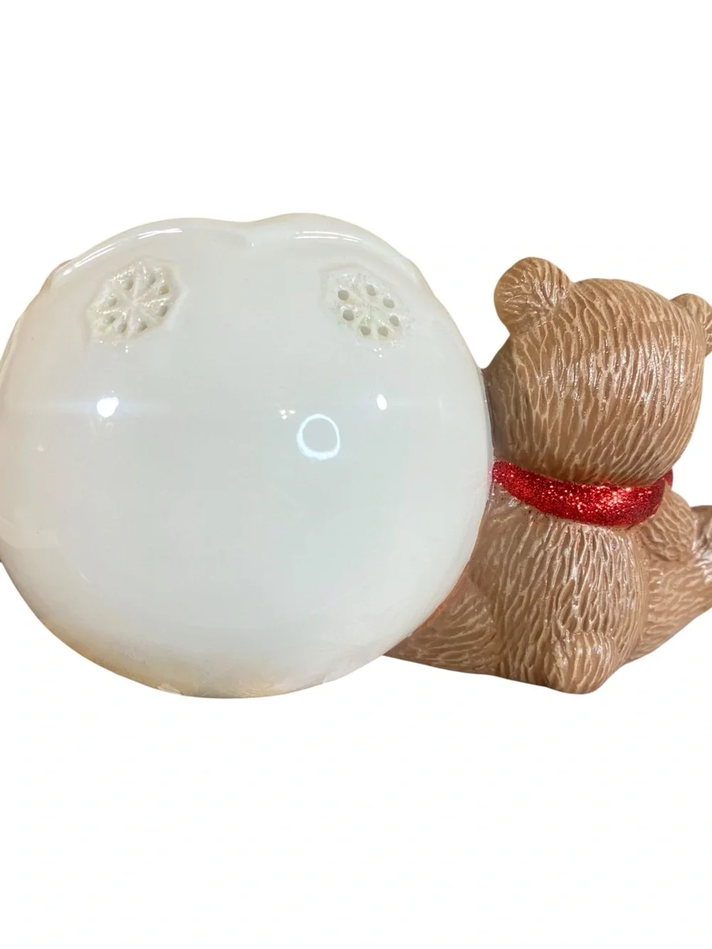 Ceramic Brown Christmas Bear Planter Candle Holder White Snowflake Bowl Vtg